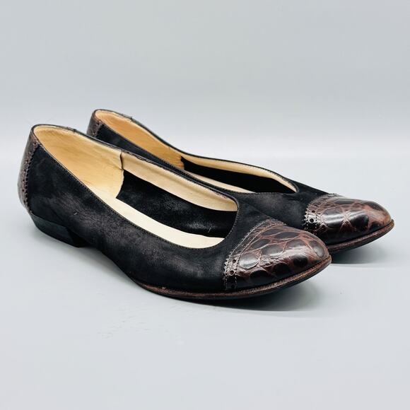 Ferragamo Shoes Womens 7 Black Suede Brown Croc Embossed Leather Ballet Italy - Picture 1 of 11